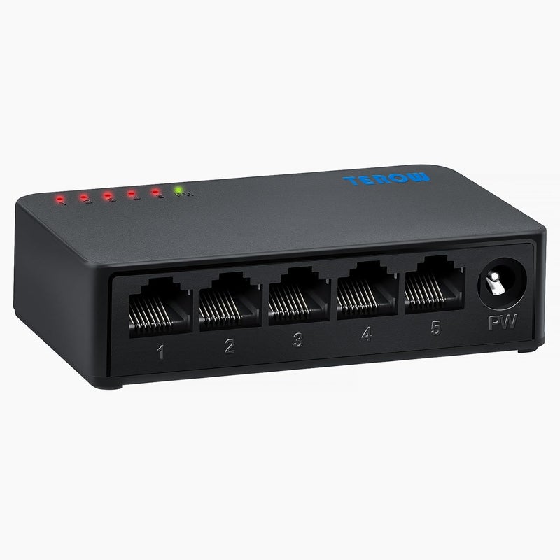 TEROW 5 Port Gigabit Network Switch, Portable Switch | Plug & Play | Fanless Housing, Black， for Home, Office, Ethernet Switches - Image 1